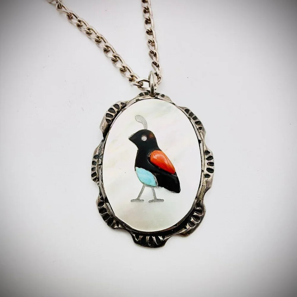Sterling Zuni Inlay Quail Pendant Necklace MOP Turquoise Coral 